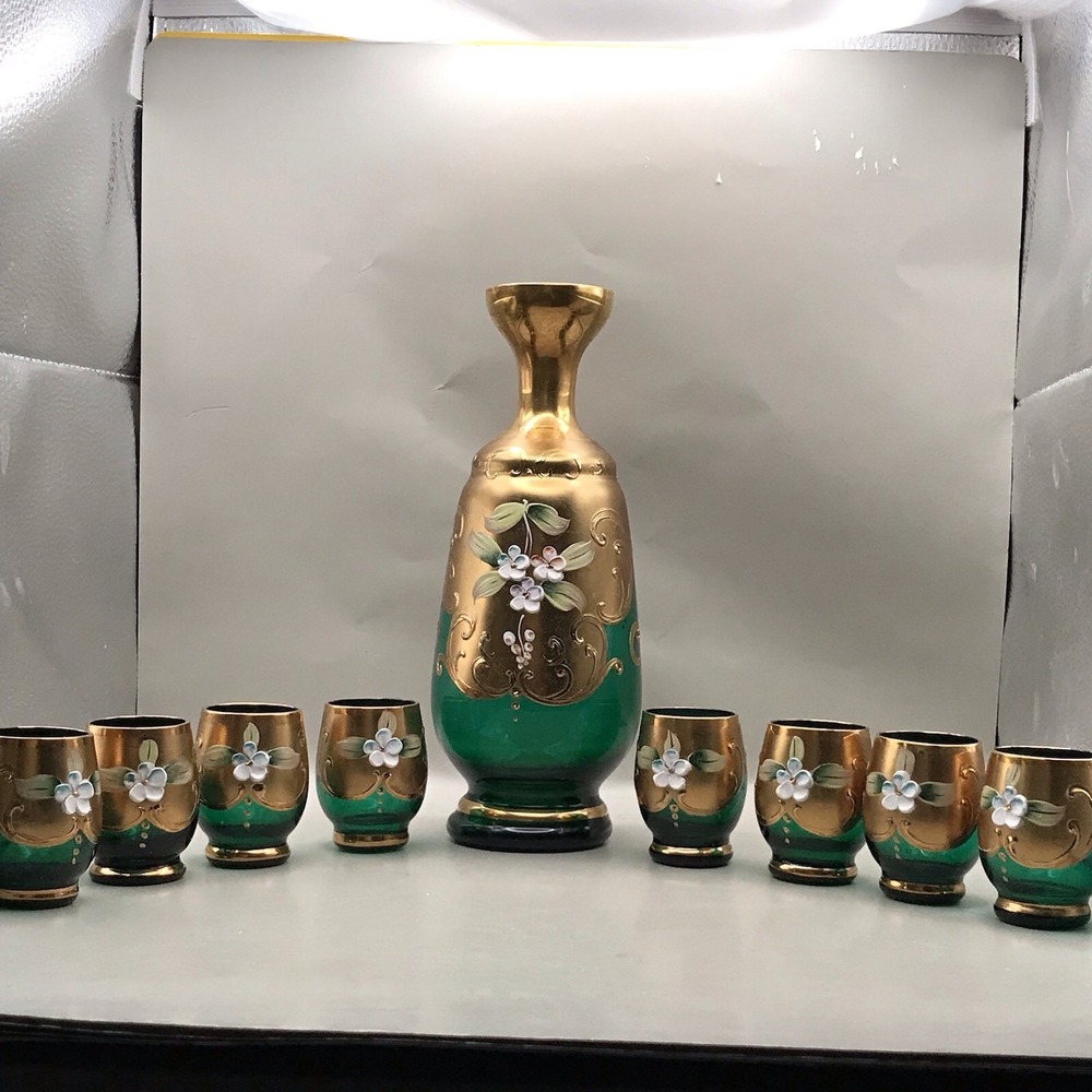 Bohemium Glass Hand Painted Pitcher Ewer With 8 Matching Glass From Czekoslavkia